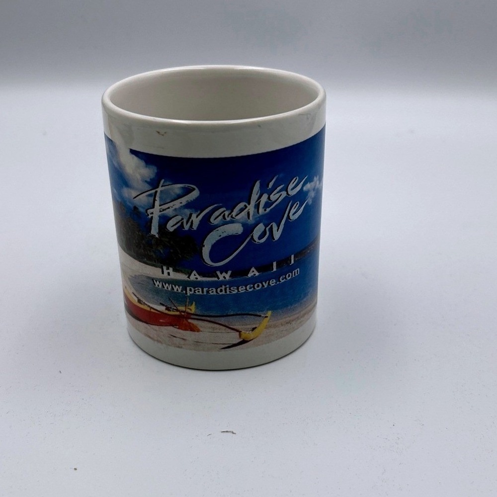 Paradise Cove Hawaii Coffee Mug Beach Scene Outrigger Canoe Souvenir White